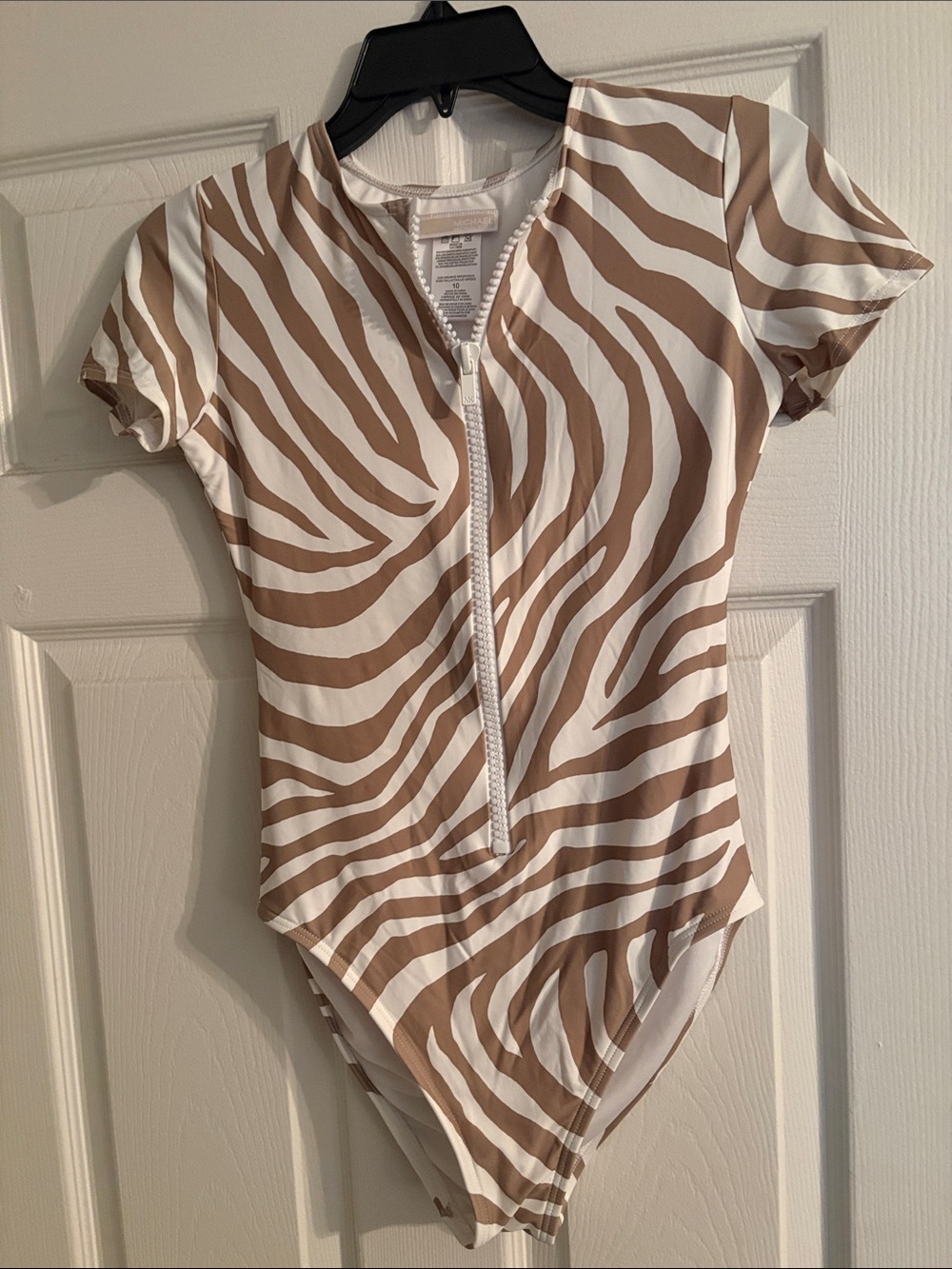 Michael Kors Beige & White Zebra Print Zip-Front Bodysuit